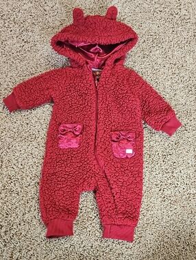 7 FOR ALL MANKIND Sherpa Cozy Red Hooded Baby One-Piece with Satin Bow Pockets